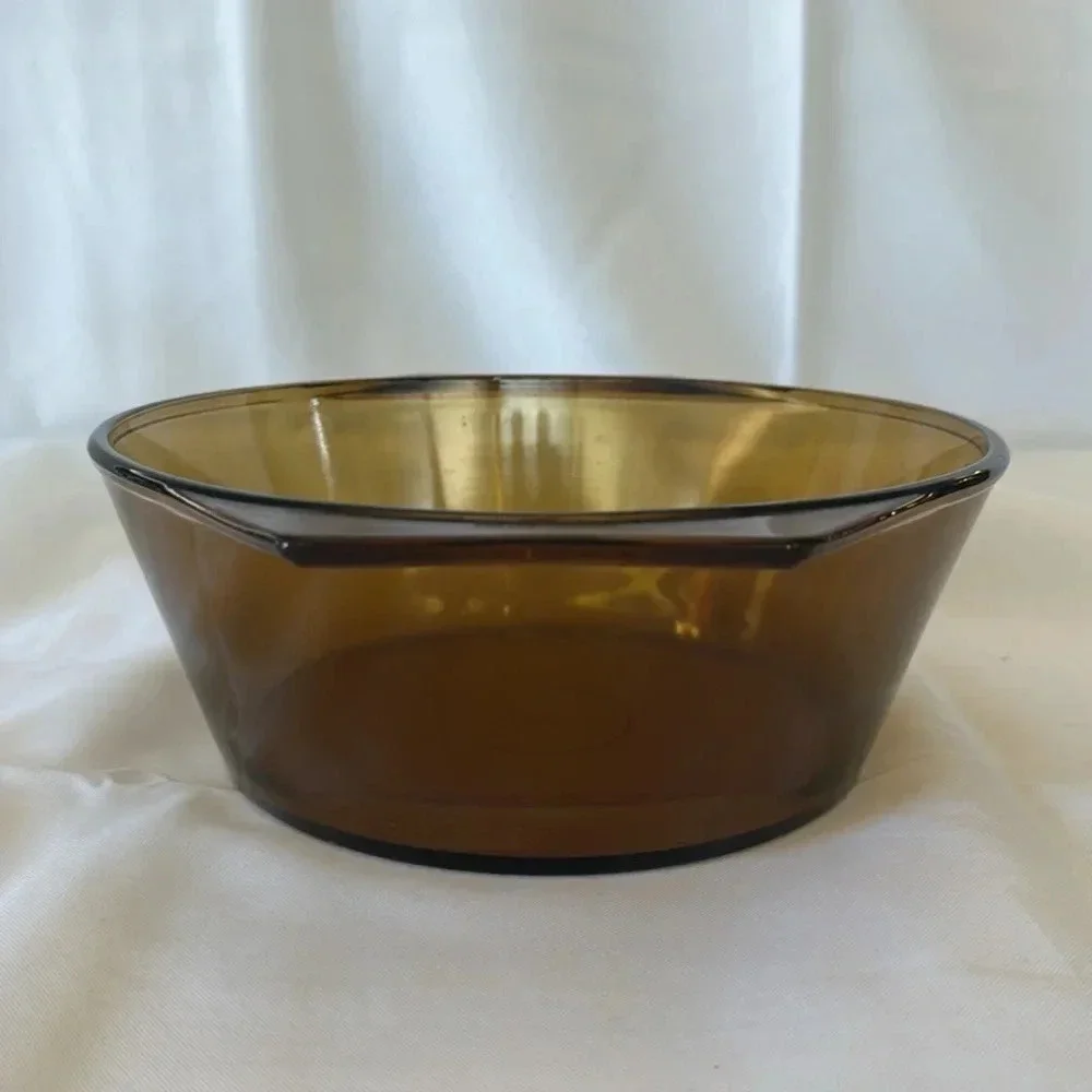 VTG 1970s Arcopal France Smokey Yellow Glass Round Bakeware Serving Dish Handles